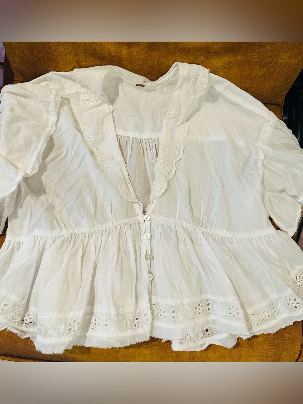 Free People White Eyelet Peplum Button Blouse